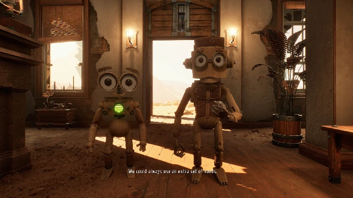 GRAIN ROT gameplay — two goggled vessels standing in a sunlit, dust-covered Outpost room