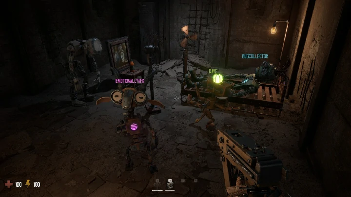 The crew searching rooms on a symbol-modifier round after riding the Cursed Elevator down