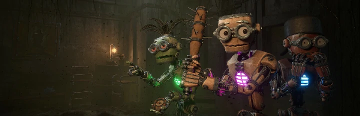 GRAIN ROT key art — three goggled vessels with glowing chest cores in a dark industrial hallway
