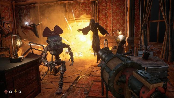 Flames and sparks swallowing a fight in the ruins as Rot corruption takes hold
